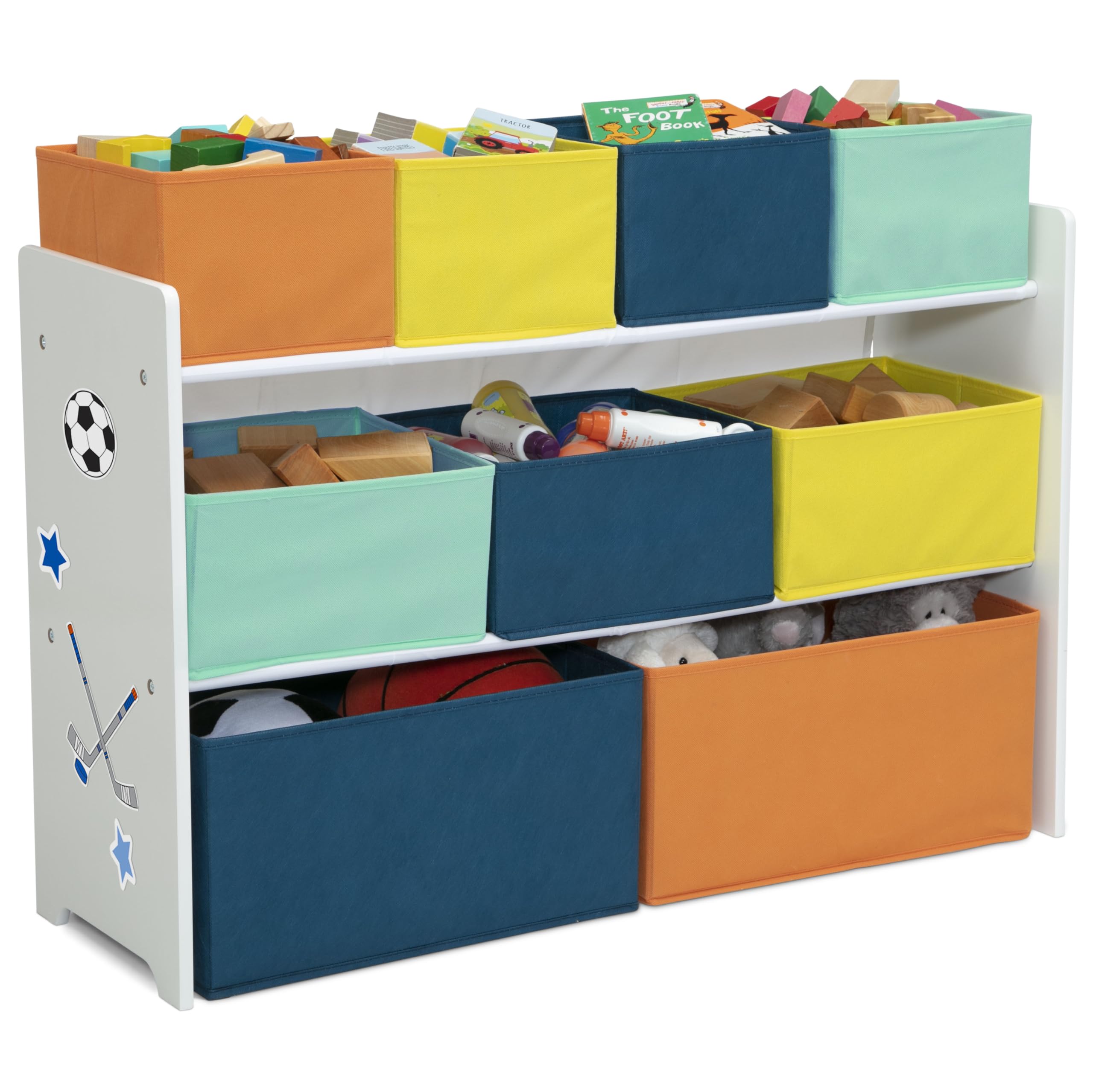 Delta Children Deluxe Multi-Bin Toy Organizer with Storage Bins - Greenguard Gold Certified, White with Navy/Green/Pastel Bins