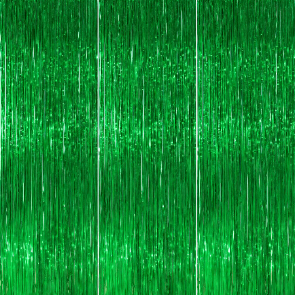 PartyWoo Green Streamers Backdrop - 3pcs Tinsel Foil Fringe Curtains | 8.2 FT for Graduation & Birthday Parties