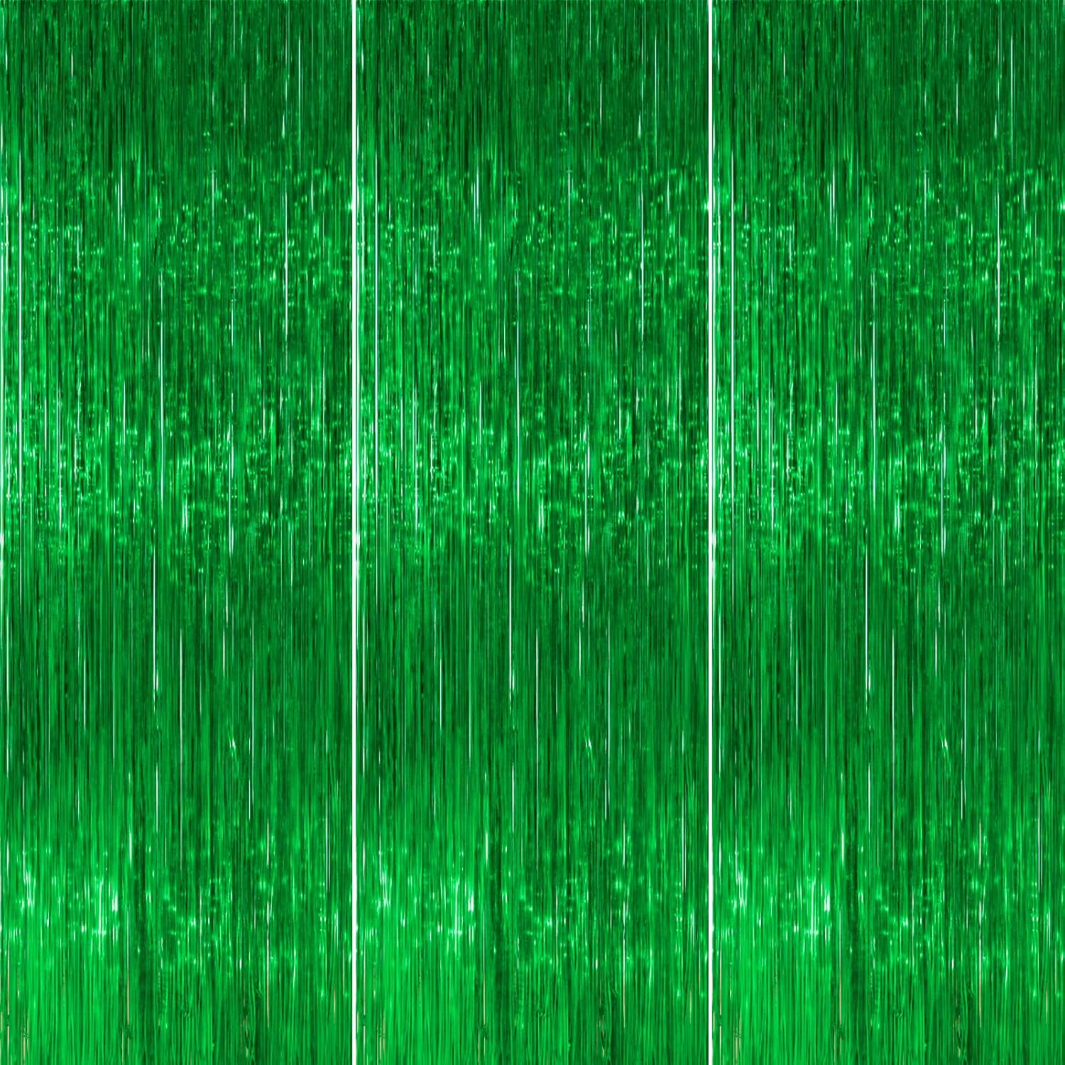 PartyWoo Green Streamers Backdrop - 3pcs Tinsel Foil Fringe Curtains | 8.2 FT for Graduation & Birthday Parties