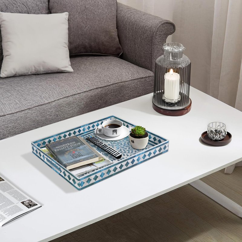 MAONAME Rectangular Decorative Tray, Plastic Serving Tray with Handles, Modern Blue Trays for Ottoman, Coffee Table Trays for Living Room, Home Decor, 15.7" x 11.8" x 1.6"