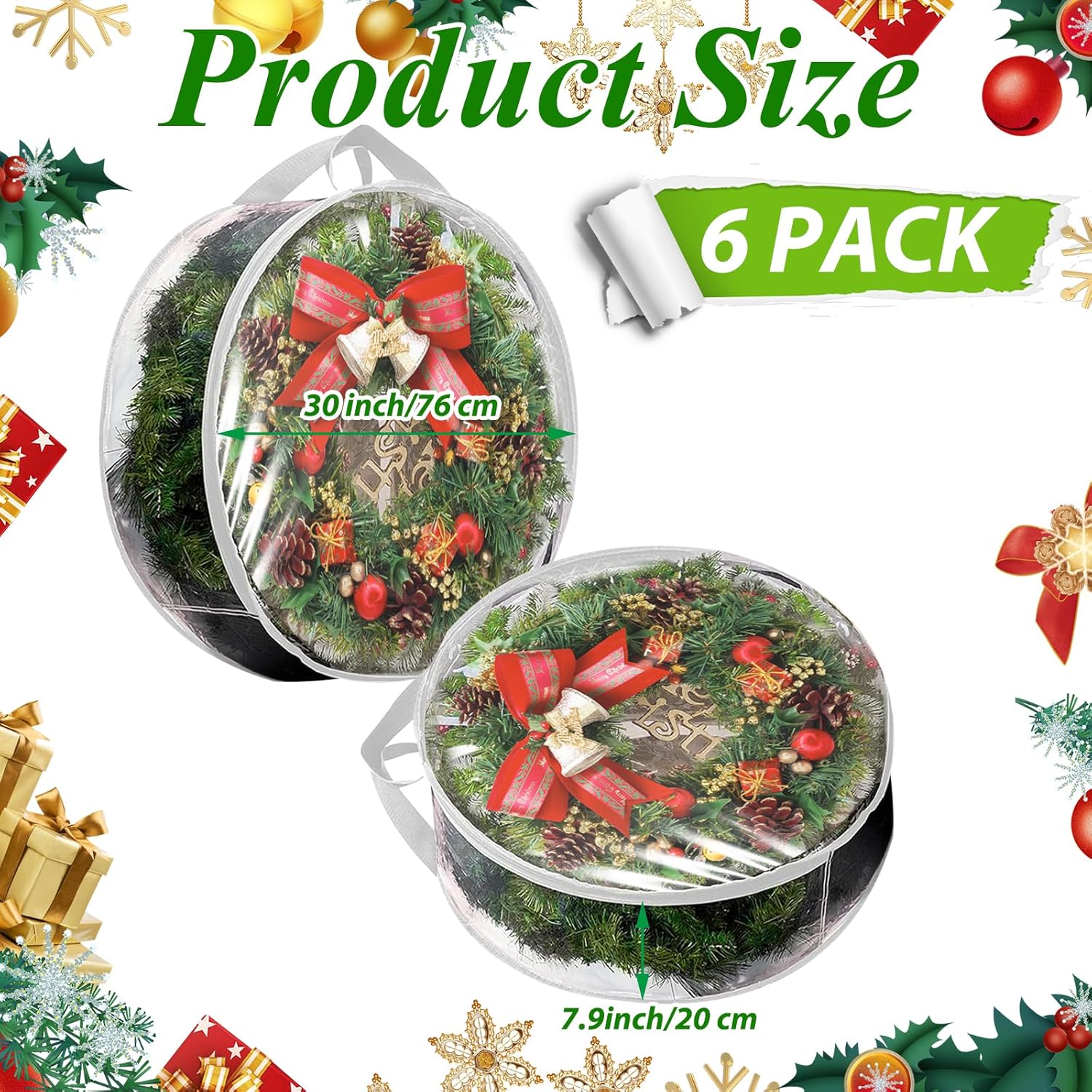 YAYODS Wreath Storage Container - Heavy Duty 30 Inch Christmas Wreath Bag with Clear Window | 6 Pack, White