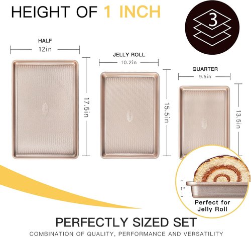 HONGBAKE Nonstick Baking Sheet Pan Set - 3 Heavy-Duty Cookie Sheets with Diamond Texture | Champagne Gold