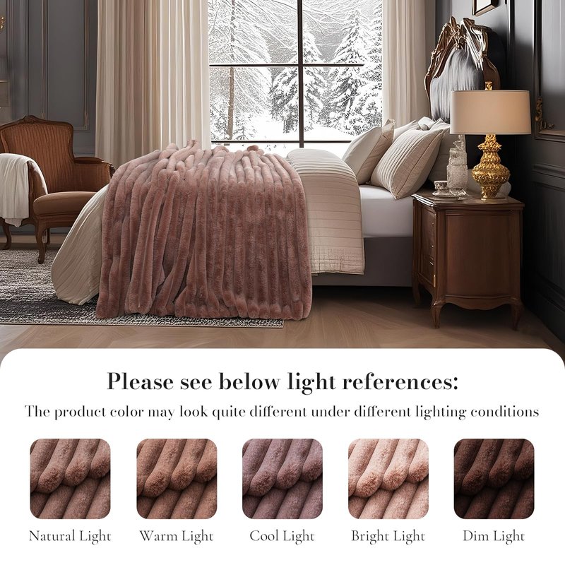 Amélie Home Luxury Striped Faux Fur Throw Blanket for Couch, Soft Cozy Fuzzy Fluffy Soft Plush Blankets Sofa Chair Gift Blankets for Women, 55"x70", Beige