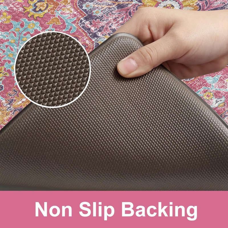KIMODE Anti Fatigue Kitchen Mat, Cushioned Boho Kitchen Rugs Sets of 2, Non Slip Farmhouse Kitchen Mat for Floor, Waterproof Standing Desk Mat for Laundry, Office, Sink Fuchsia/Multi 17"x59"+17"x29"
