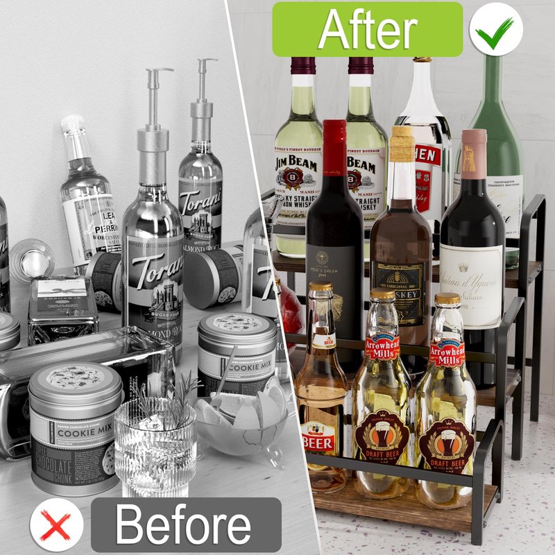 3-Tier Coffee Syrup Rack for Countertop, Large Capacity 12-Bottles Syrup Stand with Wood Shelf & Metal Frame for Coffee Bar, Premium Black Coffee Organizer Station/Wine Rack for Kitchen Storage