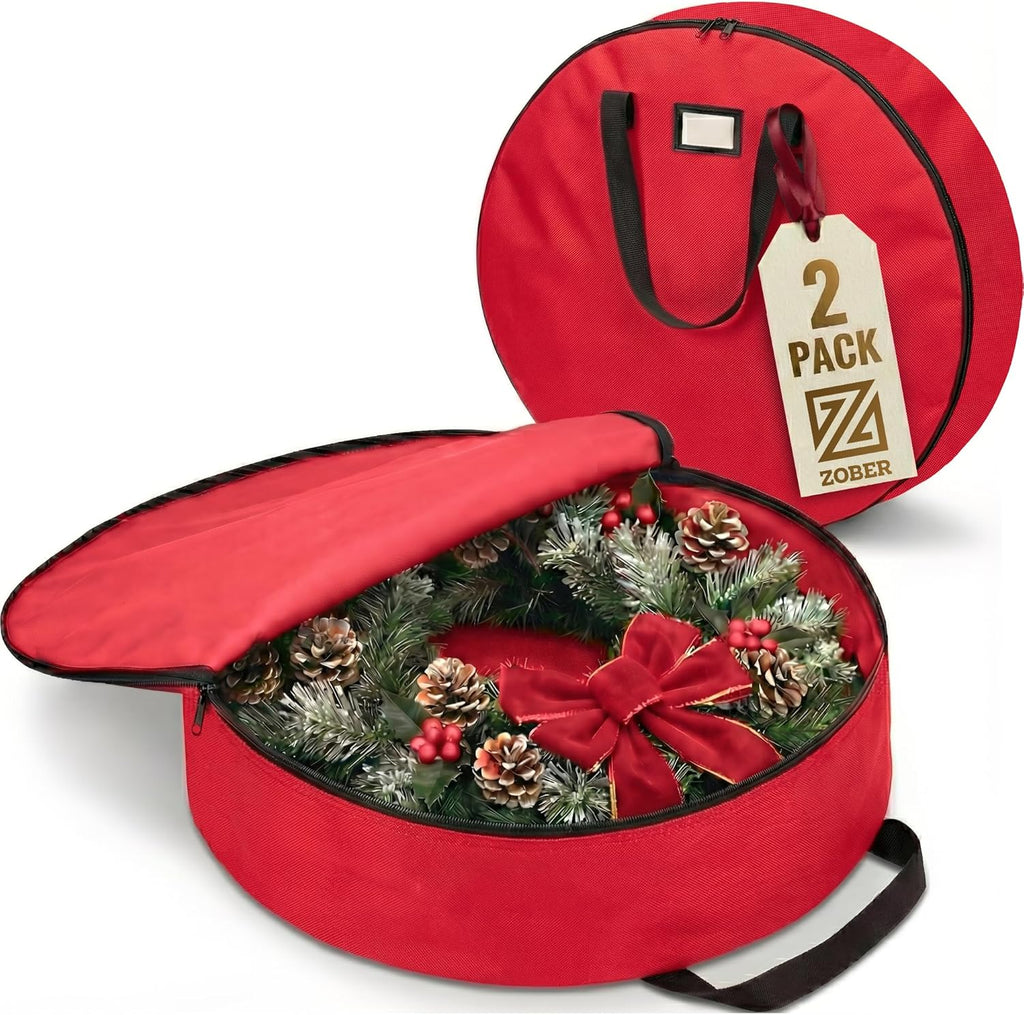 ZOBER Oxford Christmas Wreath Storage Container - 24 Inch Waterproof Bag with Dual Zippers & Durable Handles - Red