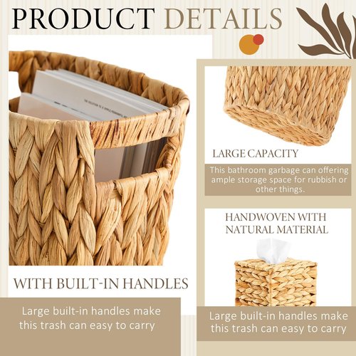 3 Pcs Bathroom Wicker Basket Set Wicker Trash Can Waste Paper Basket Rattan Tray Tissue Square Box Holder Bathroom Set Accessories for Bedroom Kitchen Office Spring Easter Boho Organizer Decoration
