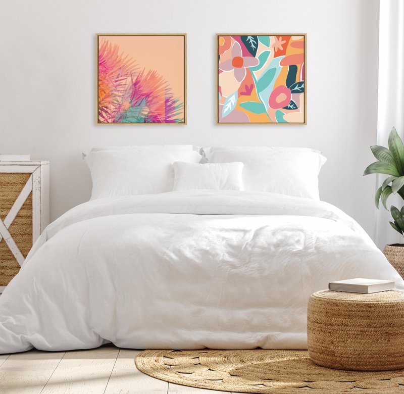 Kate and Laurel Sylvie Sun Burn 2 Framed Canvas Wall Art by Alicia Bock; 22x22 Natural; Palm Tree Photography Art for Wall