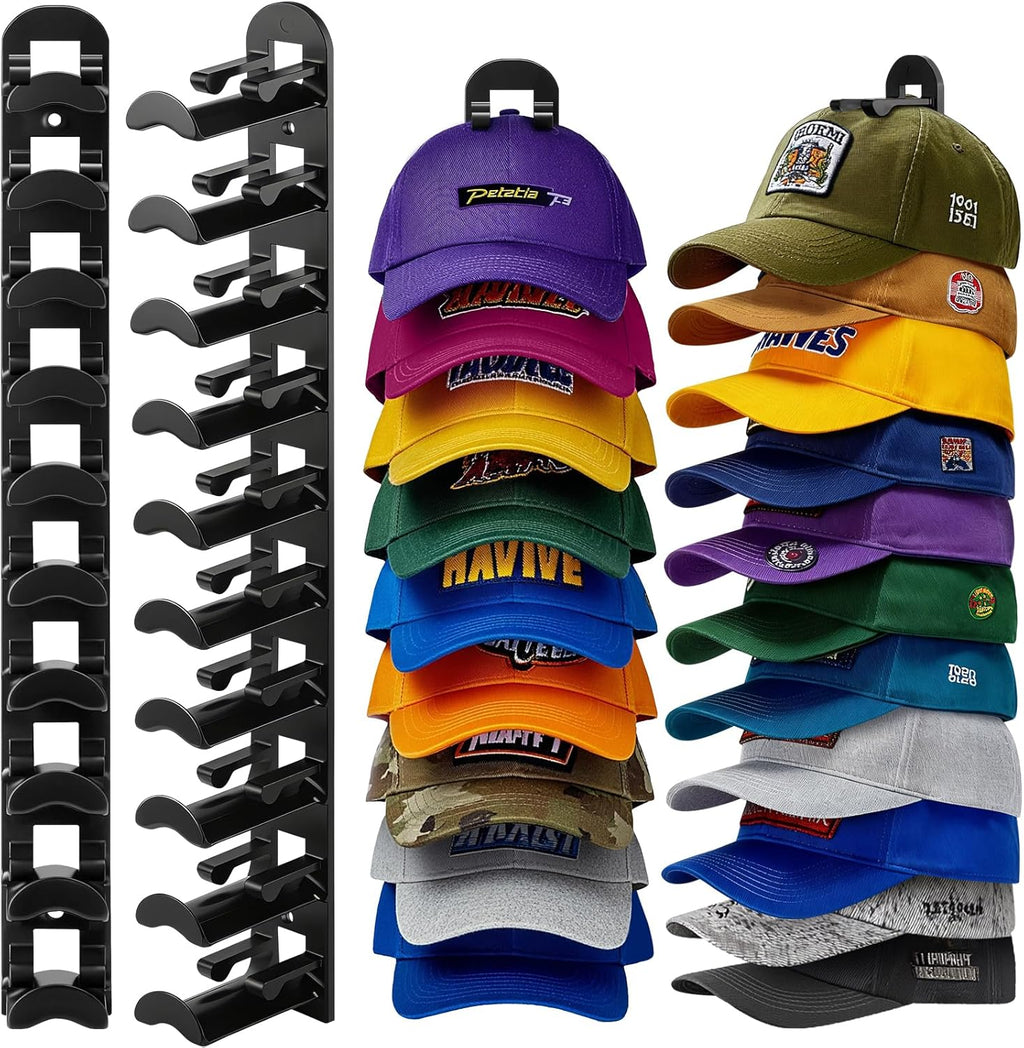 Skiennix Hat Organizer - Wall-Mounted Rack Holds Up to 20 Baseball Caps | Strong Adhesive & Screws, Black