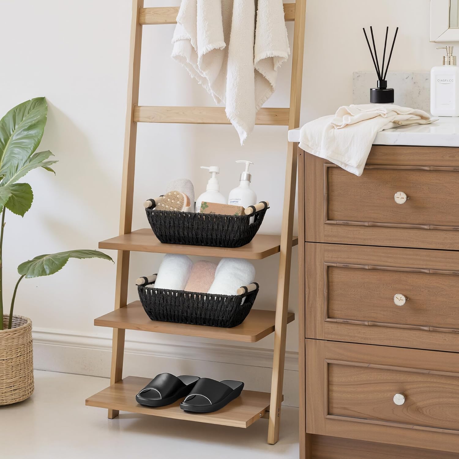 StorageWorks Wicker Storage Baskets - Small Organizing Baskets with Wooden Handles | 2-Pack, Black