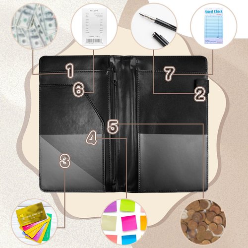Tenceur 12 Pcs Black Server Books for Waitress PU Leather Waiter Book with Zipper Pocket Wallet Restaurant Guest Check Presenters Card Holder Fit Server Apron for Waitress Waiter Bartender