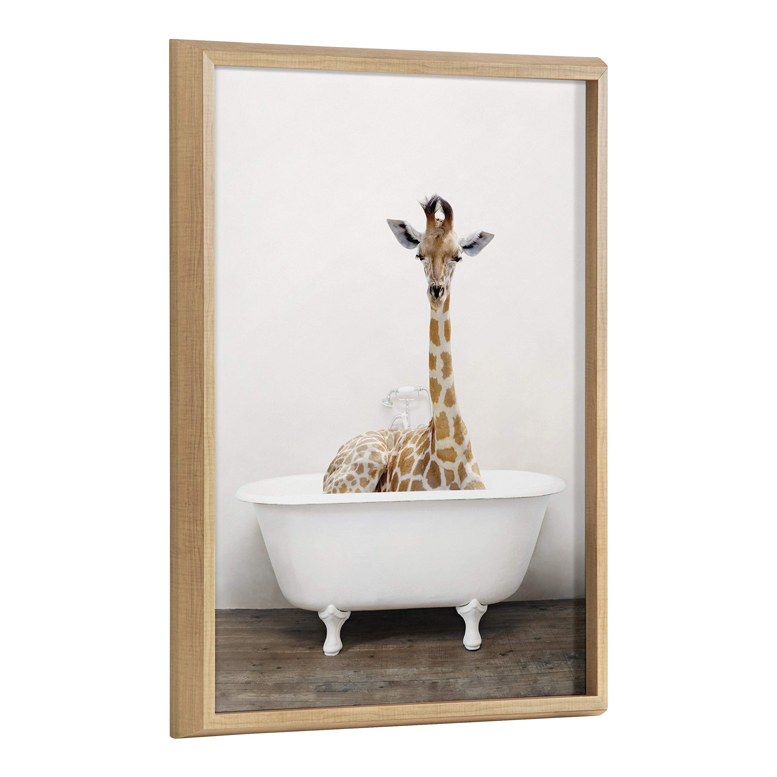 Kate and Laurel Blake Giraffe 2 in Tub Color Framed Printed Glass Wall Art by Amy Peterson, 18x24 Natural, Adorable Animal Art for Wall