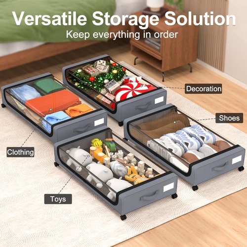 GoMaihe Under Bed Storage with Wheels: 48L Underbed Storage Containers with Lids - Rolling Bins for Shoes Clothes in Dorm Bedroom - Metal Drawers Easy Pull-out Grey 4-Pack
