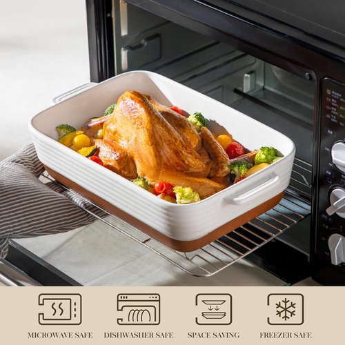 MALACASA Casserole Dishes Set of 3 - Ceramic Baking Pans with Handles | Rectangular Khaki White (14.5''/13''/10.5'')