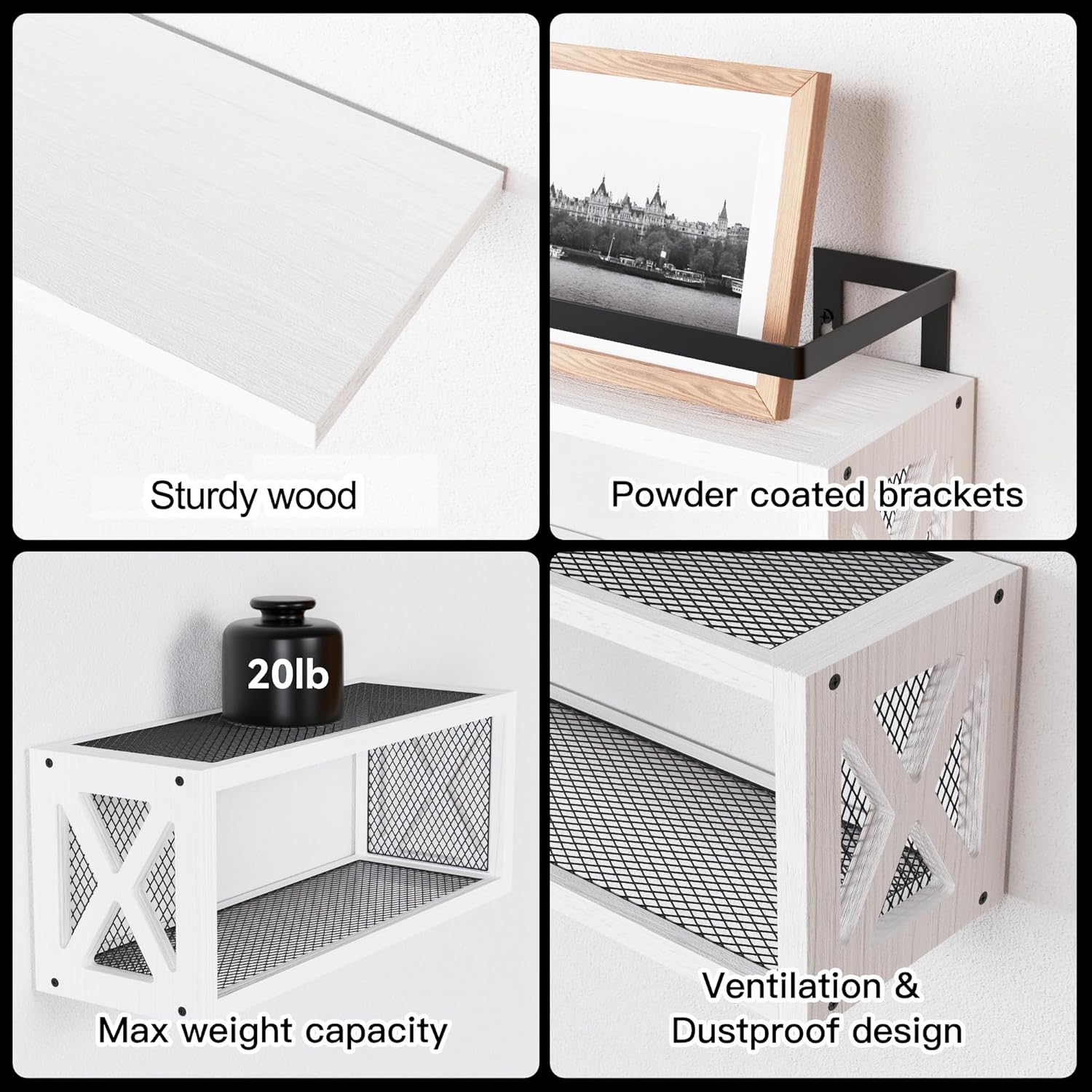 RICHER HOUSE Floating Shelves - Rustic Wall Décor with Guardrail for Bathroom & Kitchen | White
