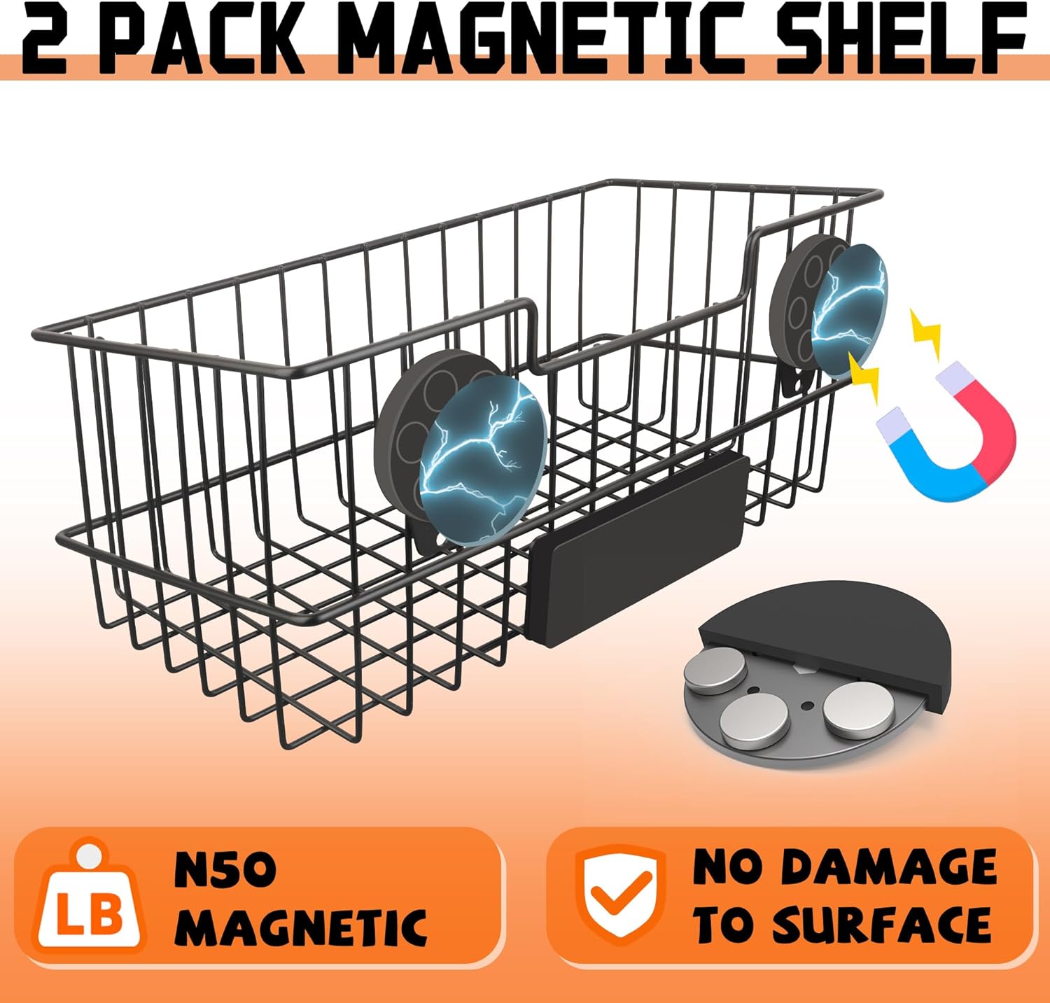 ULIBERMAGNET Magnetic Baskets - Large Capacity Metal Wire Mesh Organizers for Garage, Kitchen & Workshop (2 Pack)