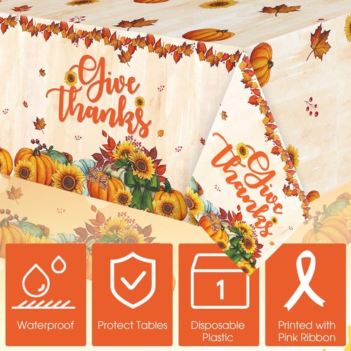 Fanfanwin 12 Pack Thanksgiving Fall Disposable Tablecloths Autumn Maple Leaf Give Thanks Plastic Table Cover 108 x 54 In Rectangle Pumpkin Table Cloth for Thanksgiving Autumn Harvest Party Decorations