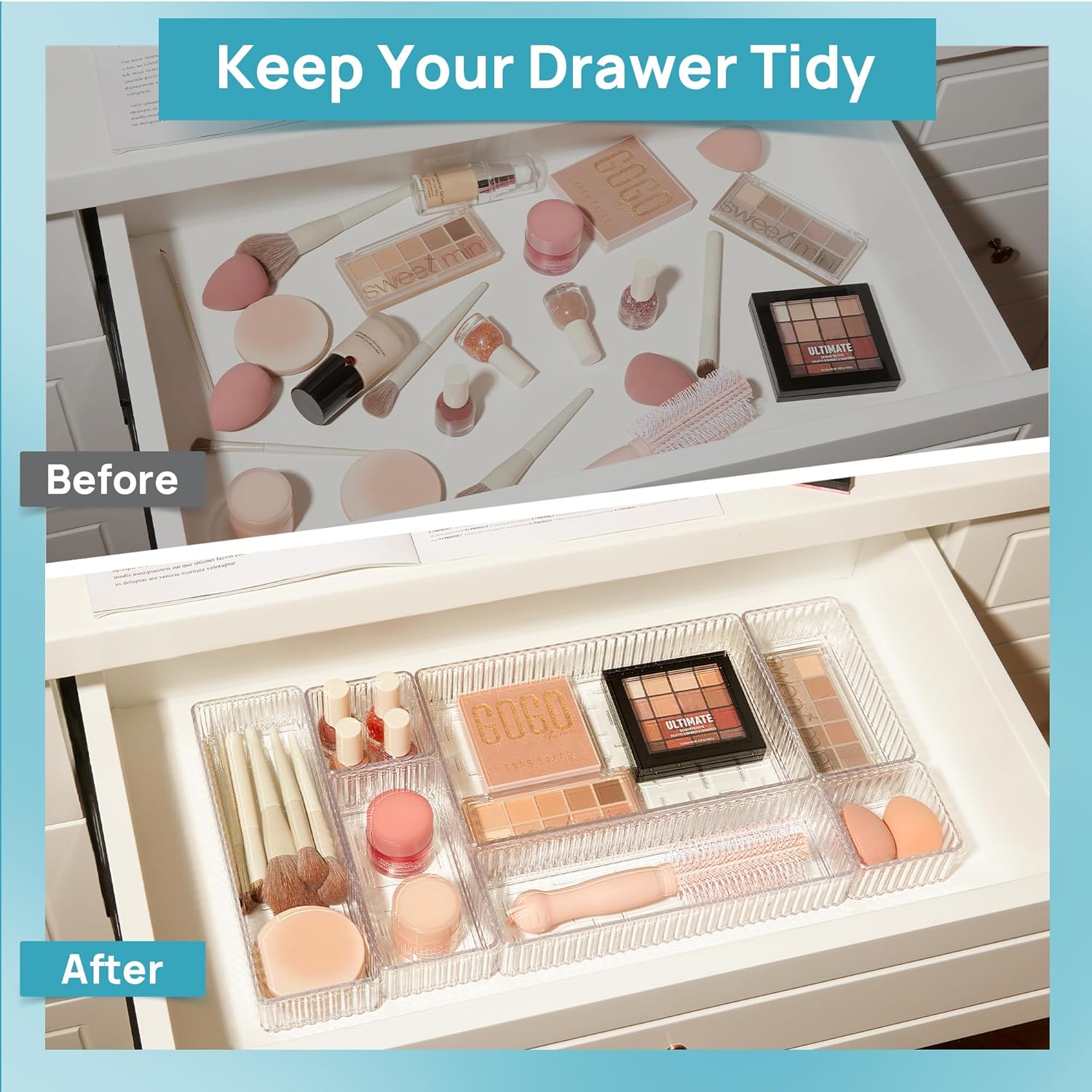 Vtopmart 7-Piece Clear Drawer Organizers - Stackable Acrylic Makeup & Vanity Storage Bins | Versatile for Bathroom, Office, Kitchen