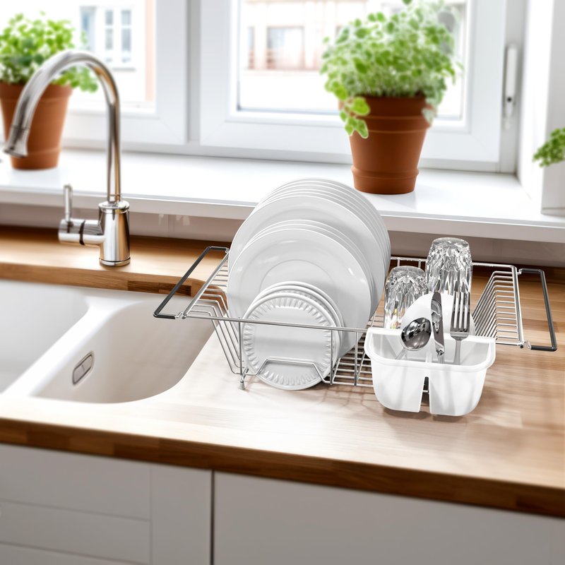 Simple Houseware Large Over Sink Counter Top Stainless Steel Dish Drainer Drying Rack with Utensil Holder, Chrome