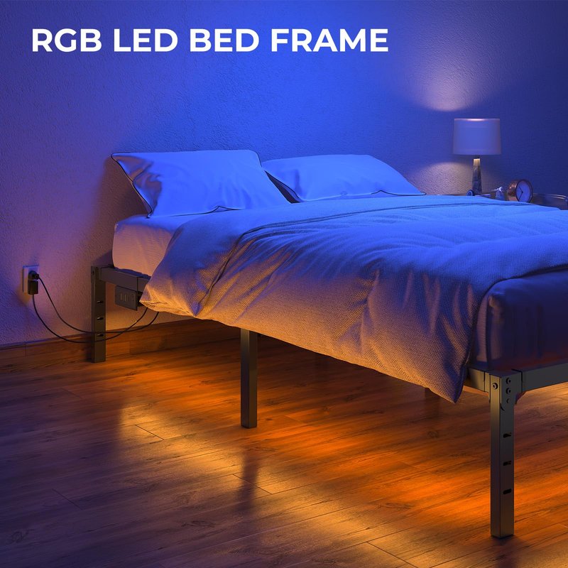 Rolanstar Bed Frame with USB Charging Station, Twin Bed Frame with LED Lights, Platform Bed Frame with Heavy Duty Steel Slats, 14" Storage Space Beneath Bed