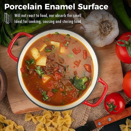 COOKWIN Cast Iron Dutch Oven - 3.8 Quart Enameled Casserole with Lid & Dual Handles | Red Porcelain Finish