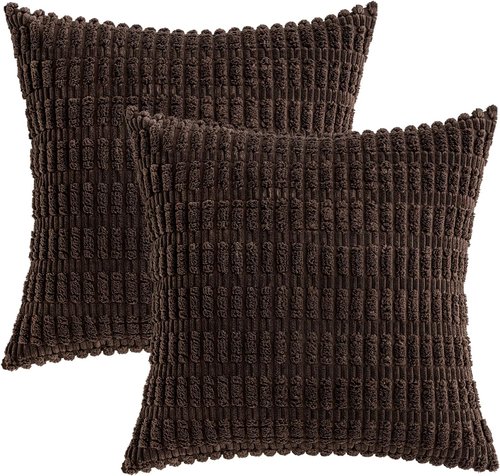 MIULEE Euro Sham Pillow Covers - Soft Corduroy Boho Striped Design | 24x24 Inch Dark Brown Decor