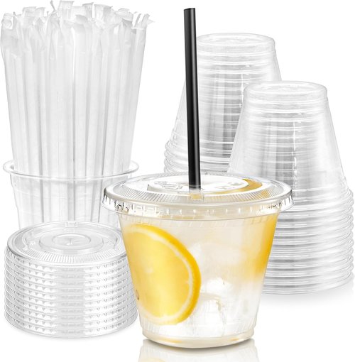 Fit Meal Prep 9 oz Iced Coffee Cups - 100 Pack Disposable Clear Cups with Lids & Straws, BPA Free