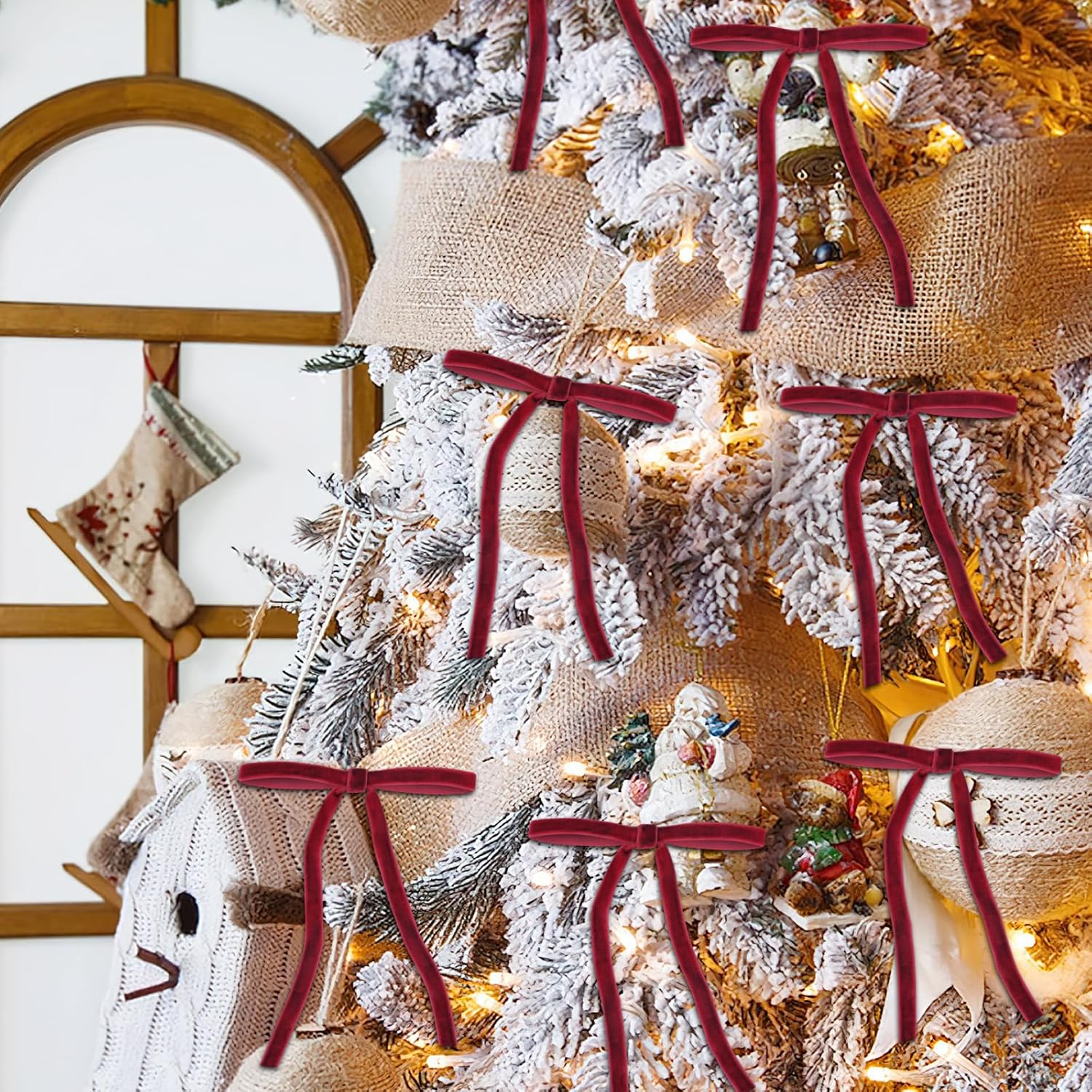 Regine Switzerland 24 Pcs Red Velvet Christmas Ornaments - Rustic Pre-Tied Bows for Holiday Décor | 5x7 Inch