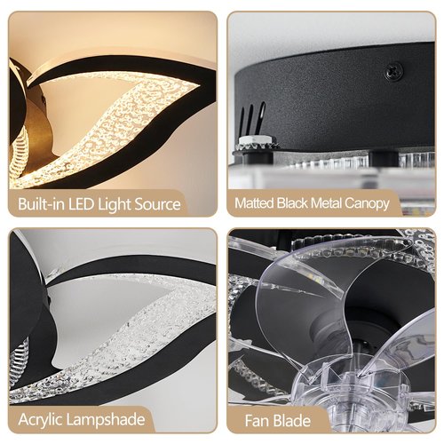 haodengshi 27" Black Geometric Ceiling Fan Lights with Remote, 6 Speeds Adjustable Low Profile Flush Mount Ceiling Fan with Light for Kitchen Bedroom