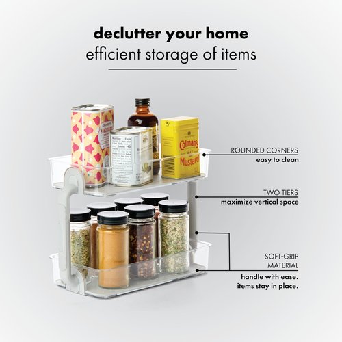 madesmart Tiered Spice Organizer, 8 Jars for Kitchen Essentials, Vertical Storage for Salt, Pepper, Cayenne, Soft-Grip Lining, Dual Handles, Grey