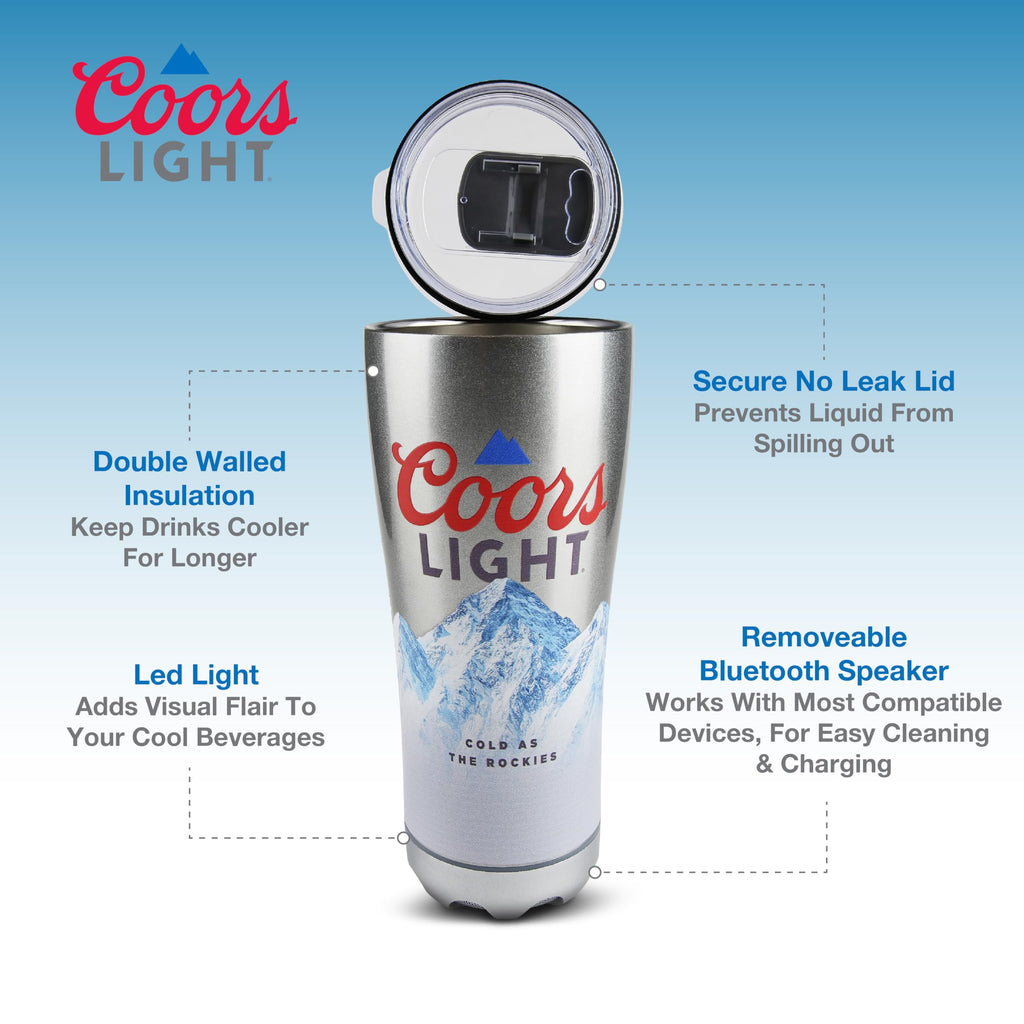 Gabba Goods Coors Light 16oz Stainless Steel Double Wall Insulated LED Bluetooth Speaker Tumbler with Lid and Removeable Speaker Bluetooth Wireless