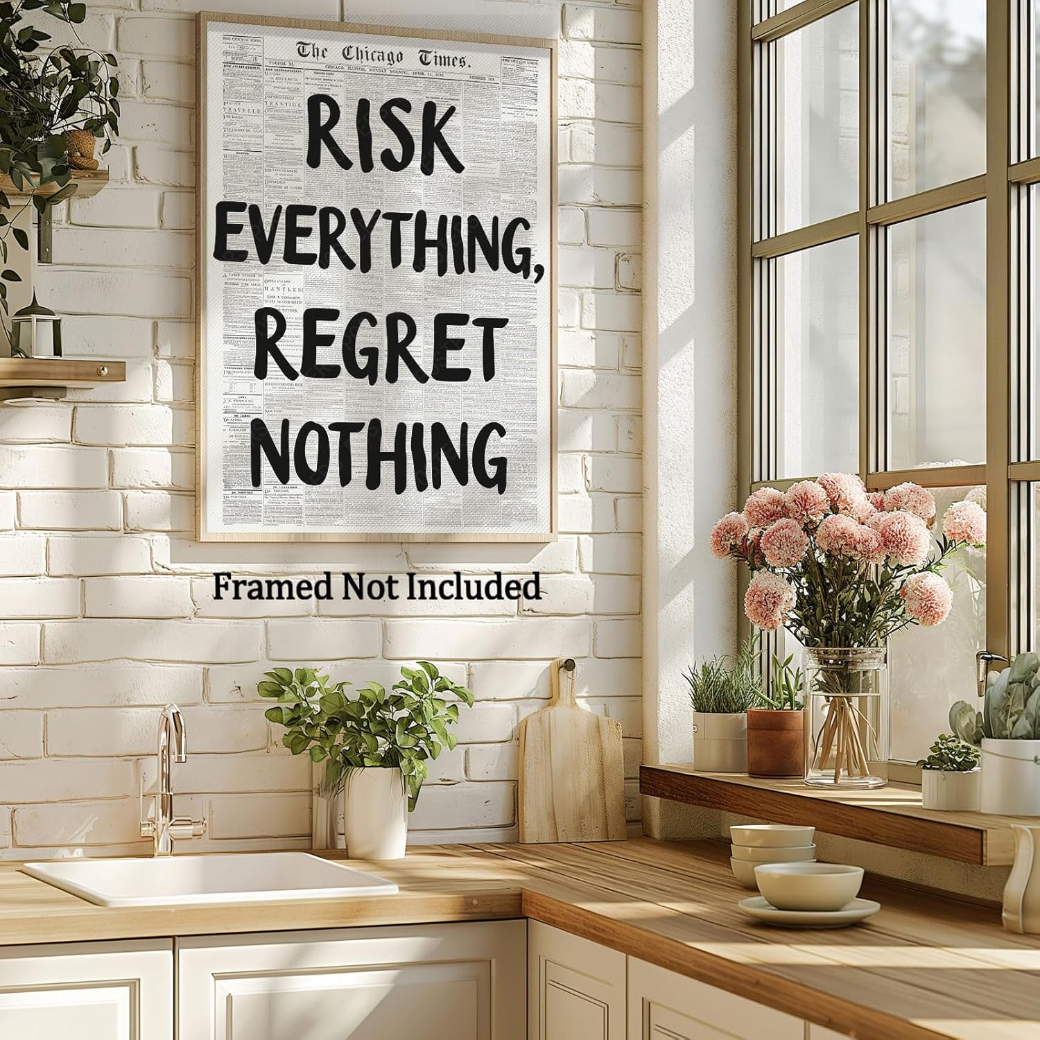RISK Everything REGRET Nothing Canvas Wall Art - Retro Black & White Poster for Home Decor | 16x24 in Unframed