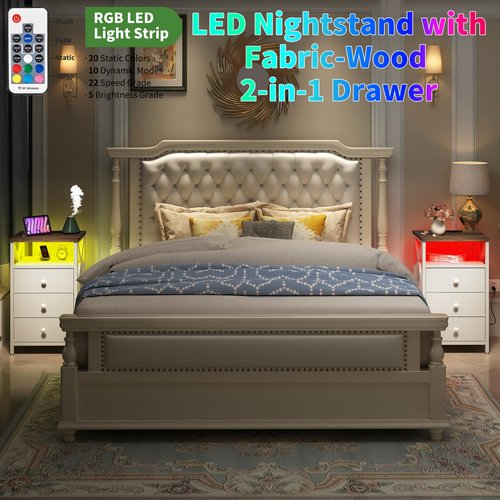 LTTDOUK LED Nightstand with Charging Station, Tall Dresser for Bedroom with LED Light, Side Table Bedside Tables with USB Ports and Outlets, White End Table with Drawer for Bedroom, Living Room