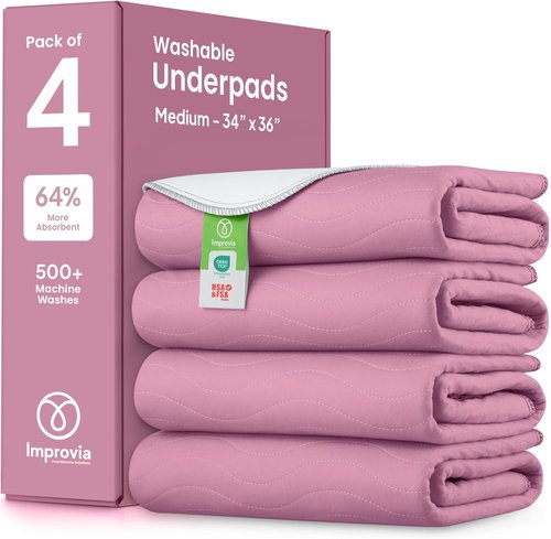 IMPROVIA® Washable Underpads - Heavy Absorbency Reusable Incontinence Pads for Kids & Adults | Waterproof Protection (Pink & White, 34" x 36", Pack of 4)