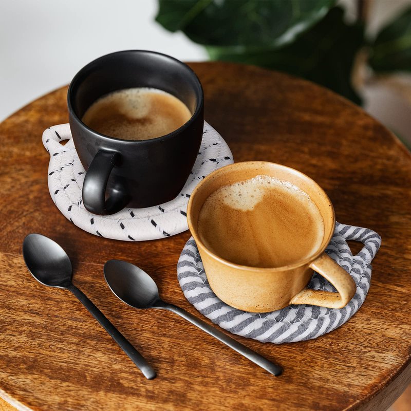 Whaline Cat Ears Coaster Set Cat Ear Shape Handmade Braided Cotton Coasters White Grey Non-Slip Absorbent Drink Coaster with Holder for Winter Christmas Birthday Housewarming Gifts Home Decor, 4Pcs