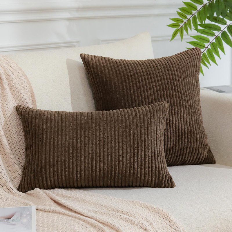 OTOSTAR Boho Decorative Throw Pillow Covers 16 x 24 Inch Soft Corduroy Solid Striped Pillow Covers Lumbar Cushion Case Couch Pillowcases for Sofa Bed Home Decor Pack of 2 (Dark Brown)