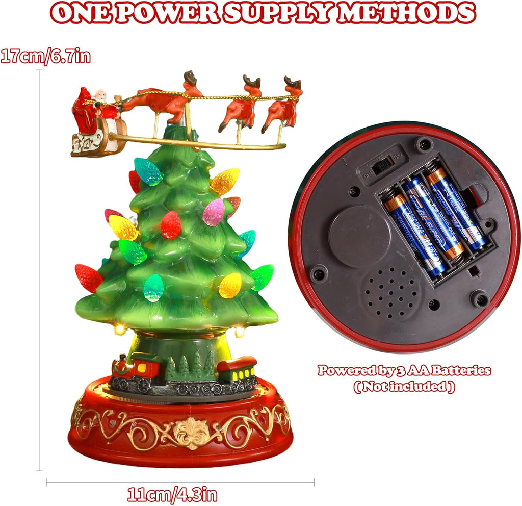 Skiennix Musical Pre-Lit Artificial Christmas Tree - Spinning Train & Elk Figurines | Holiday Tabletop Decor
