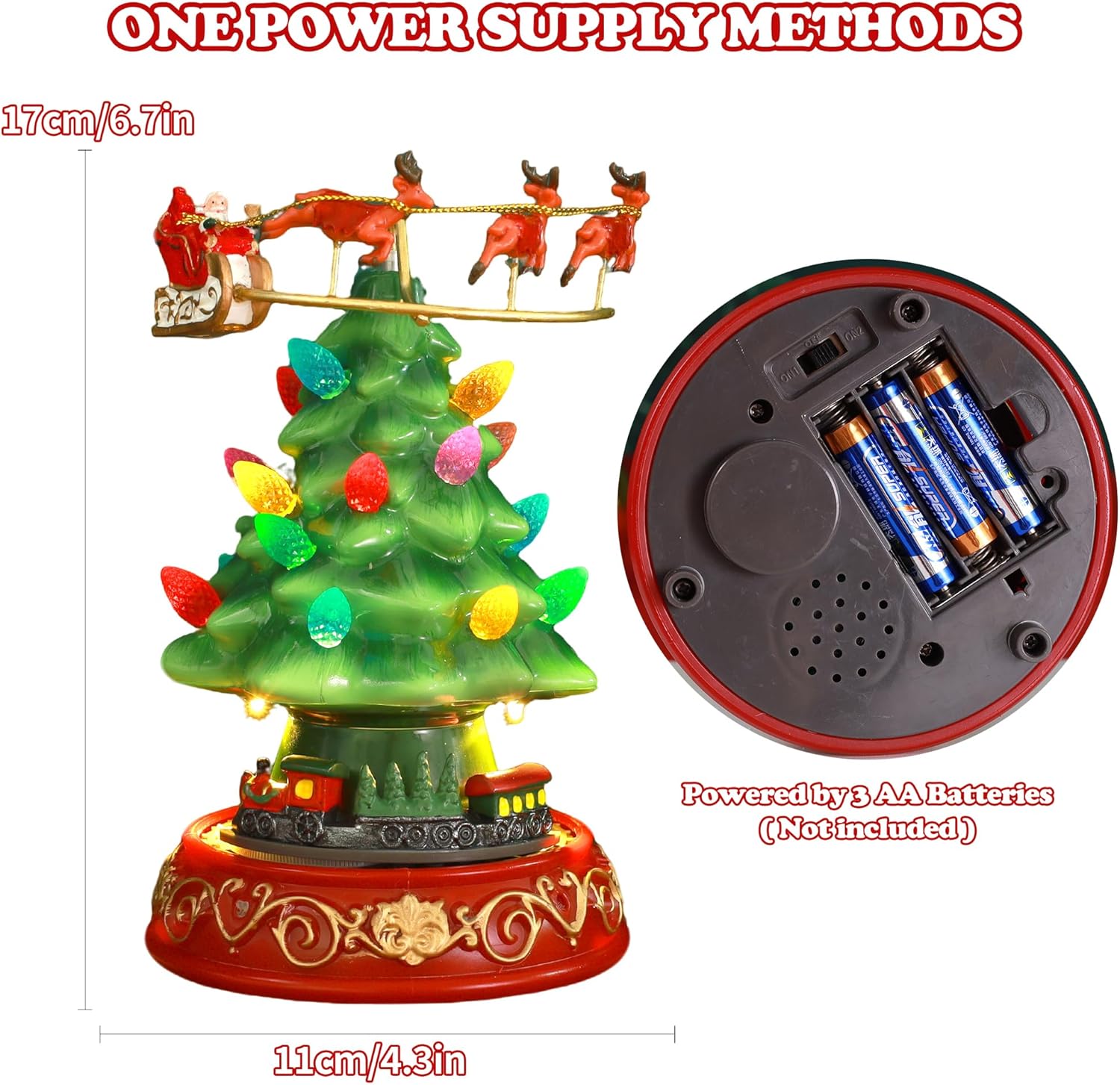 Skiennix Musical Pre-Lit Artificial Christmas Tree - Spinning Train & Elk Figurines | Holiday Tabletop Decor