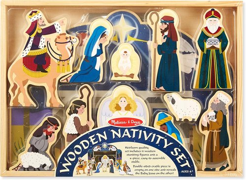 Melissa & Doug Classic Wooden Nativity Set - 11 Figures with 4-Piece Stable for Christmas Decor