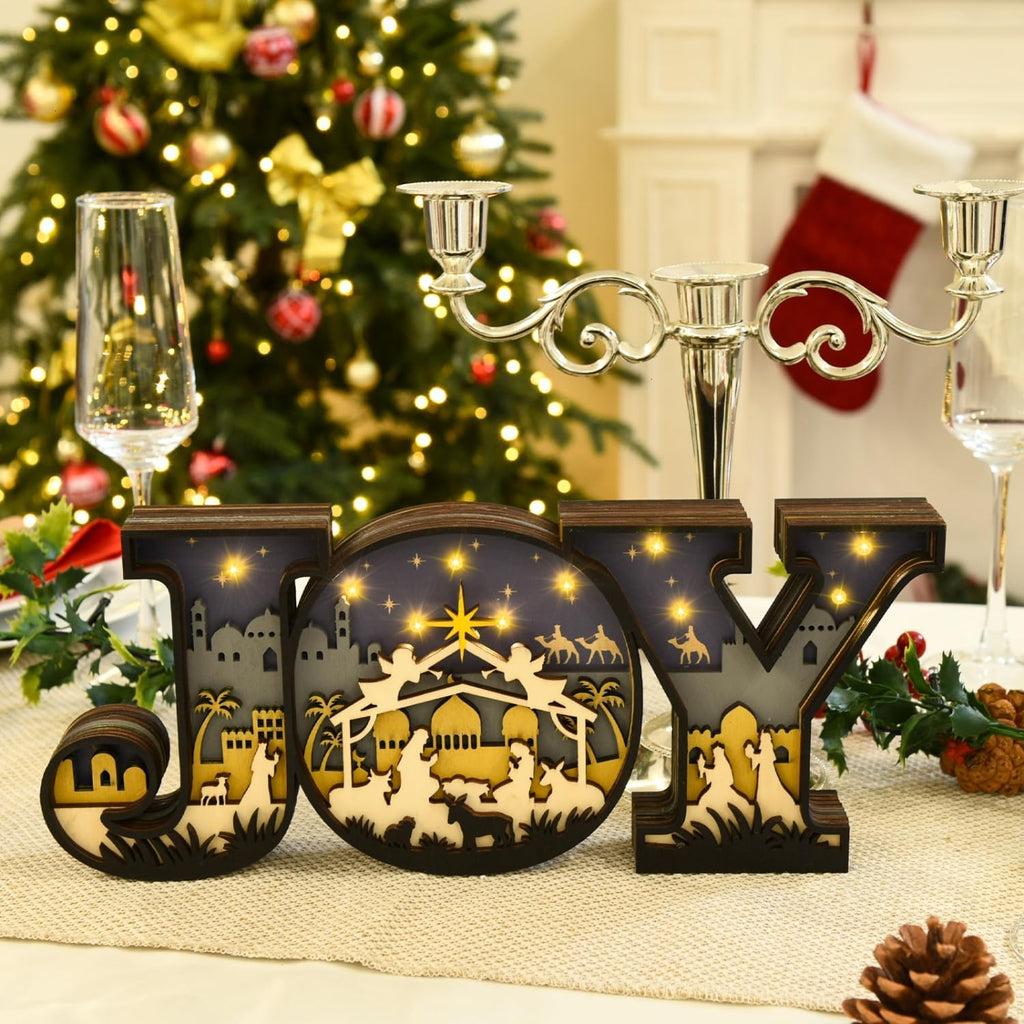 Nativity Scene Set by Christmas Joy - 3D Indoor Ornament with LED Lights for Tabletop Decor