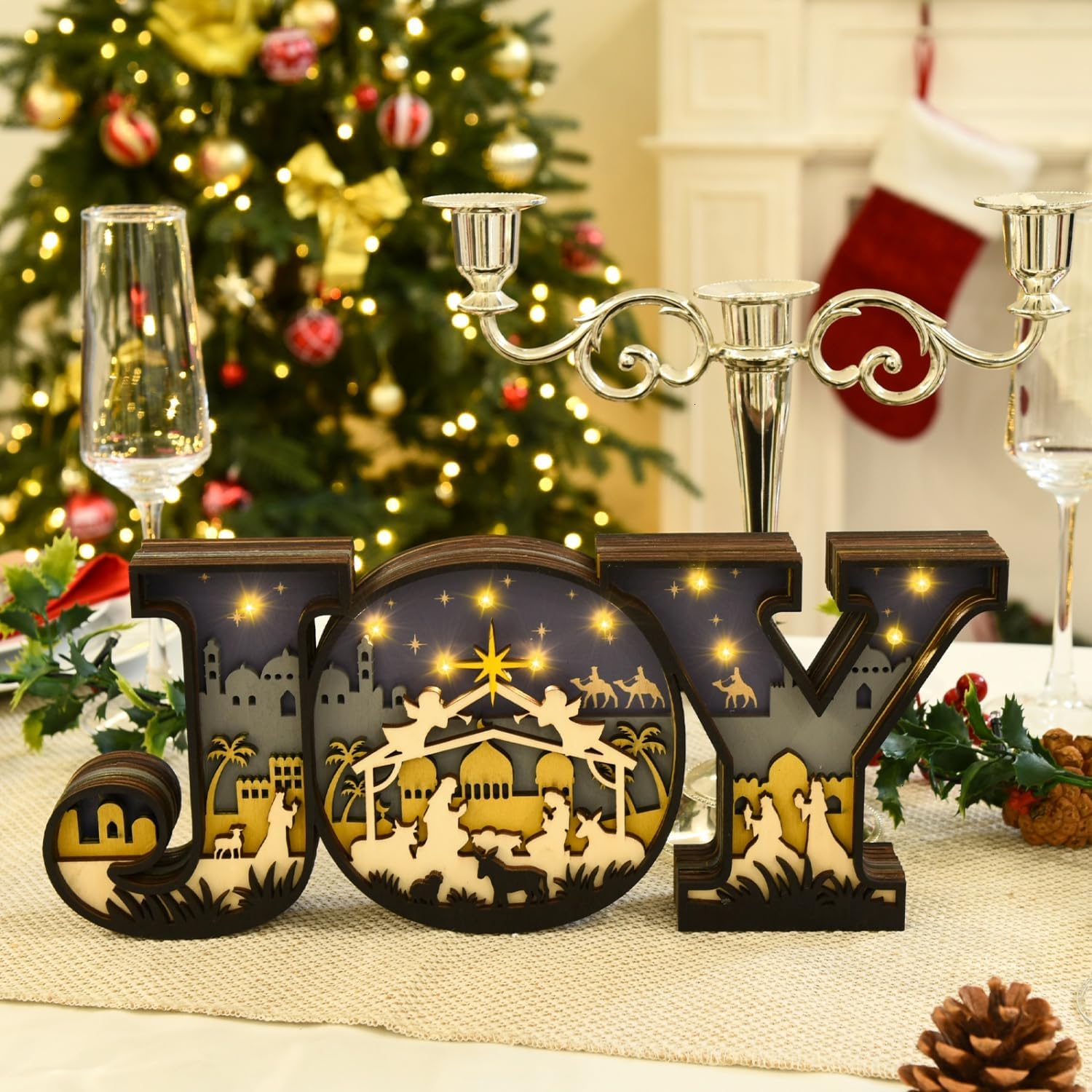 Nativity Scene Set by Christmas Joy - 3D Indoor Ornament with LED Lights for Tabletop Decor