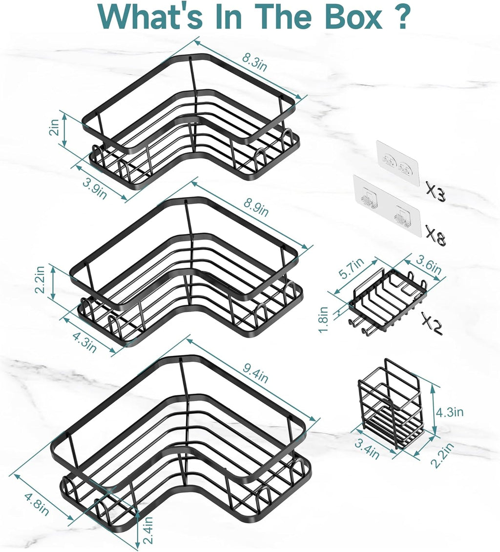 Veken Corner Shower Caddy - Advanced Rustproof Design | No Drilling Adhesive Shelves, Large Capacity, Black