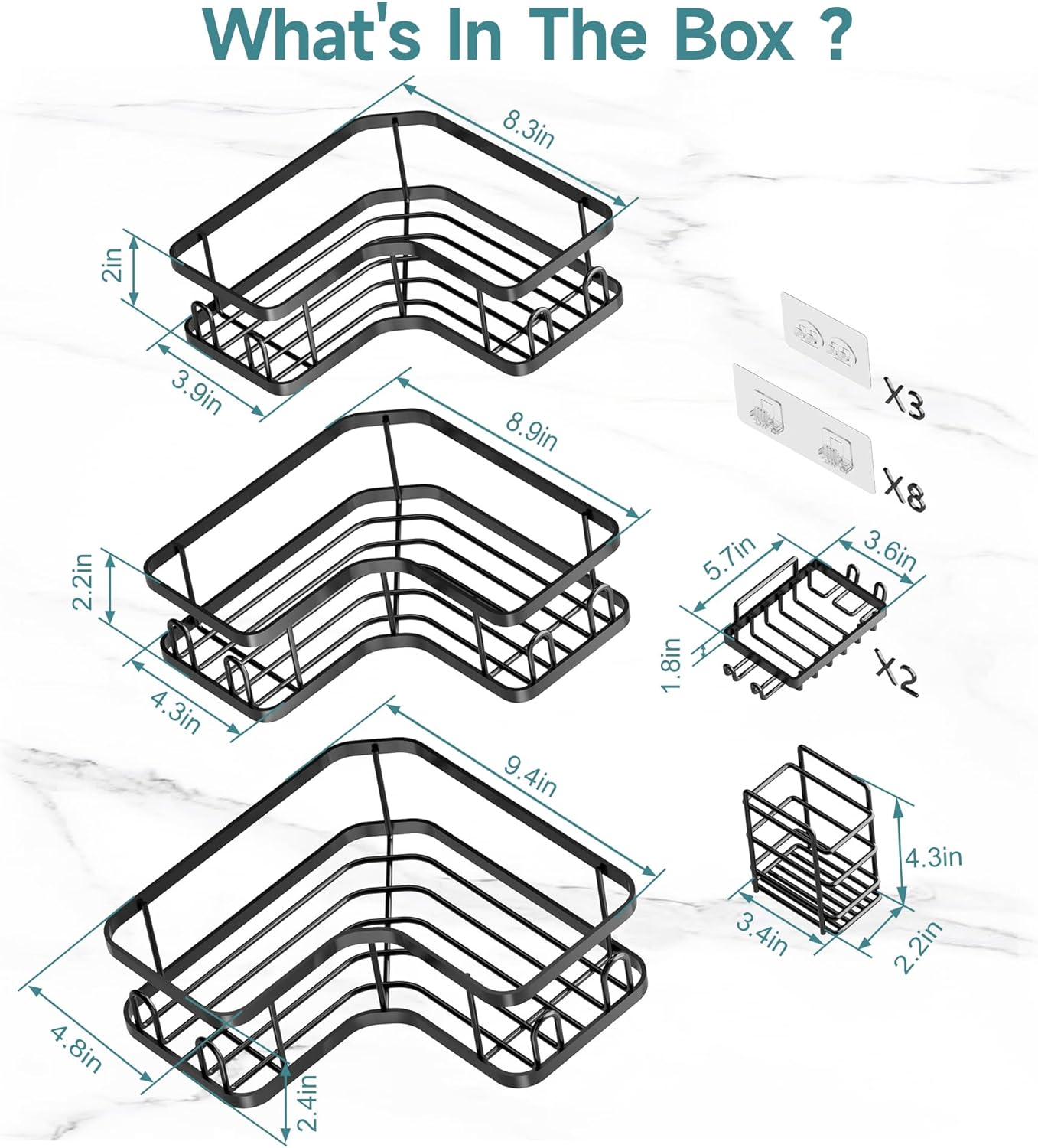 Veken Corner Shower Caddy - Advanced Rustproof Design | No Drilling Adhesive Shelves, Large Capacity, Black