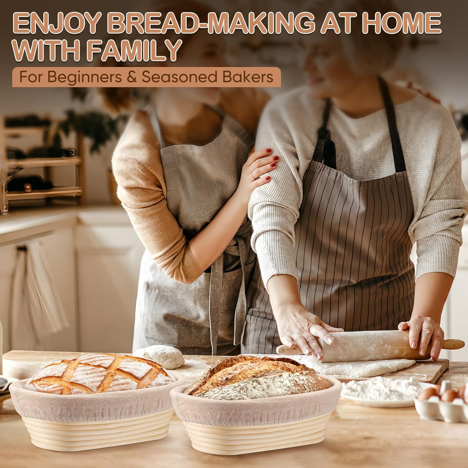 TeamFar Sourdough Bread Proofing Basket Set - 10 Inch Oval Baking Supplies with Liner for Dough Fermentation