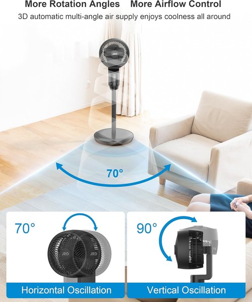 JRD Oscillating Floor Fan - Quiet 70° Pedestal Fan with Remote Control | 6 Speeds, Adjustable 19-38" Height