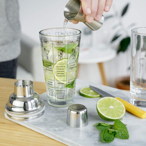 True Glass Cocktail Shaker with 7 Classic Recipes and Measurements for Cold Brew Cocktails, Home Bar Accessories, Bar Tools, Bartender Gifts, Hosting Essentials, 13.5 oz, Set of 1, Clear