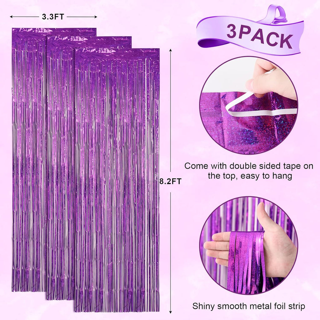 Voircoloria Laser Purple Foil Fringe Backdrop Curtains - 3 Pack 3.3 x 8.2 ft Tinsel Streamers for Parties