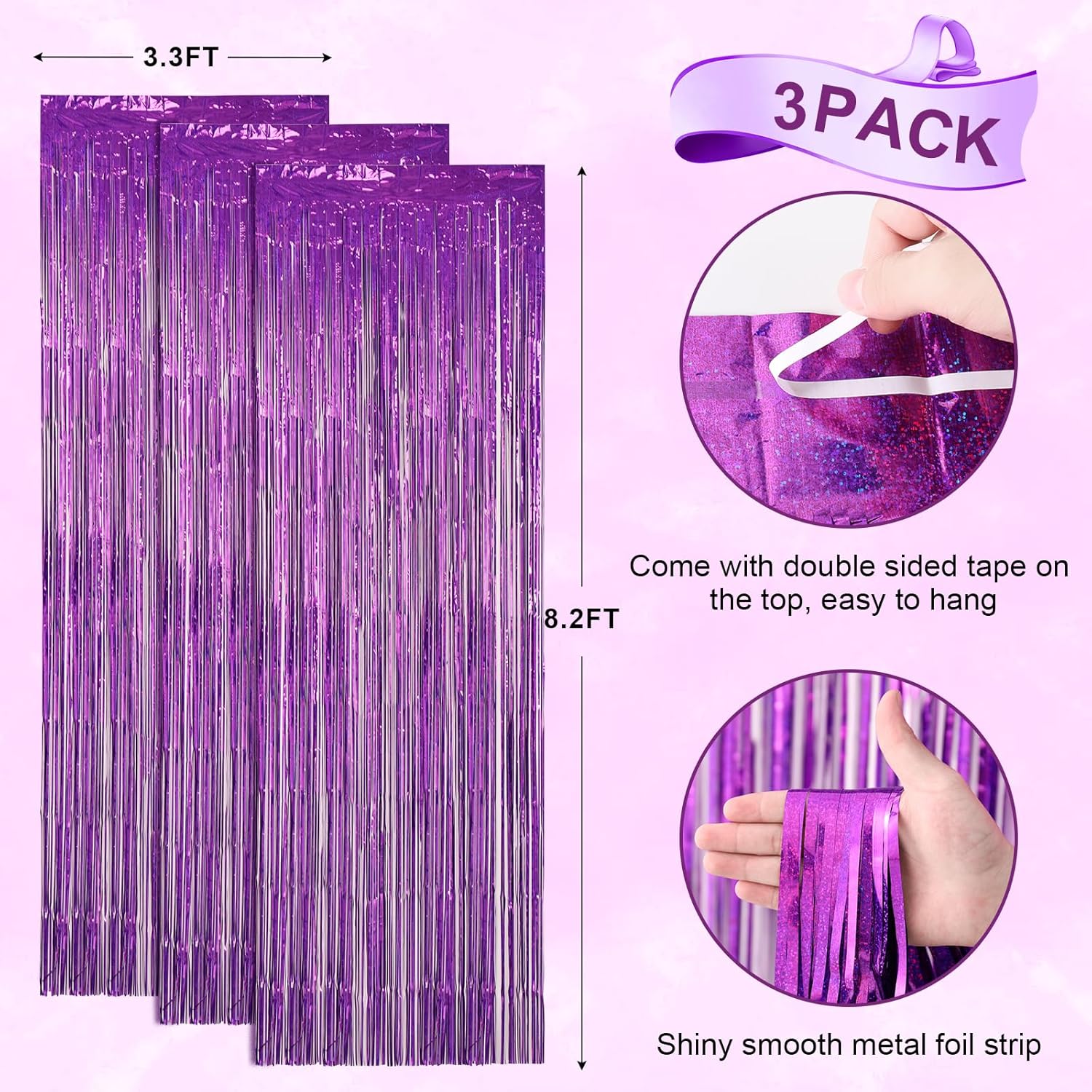 Voircoloria Laser Purple Foil Fringe Backdrop Curtains - 3 Pack 3.3 x 8.2 ft Tinsel Streamers for Parties