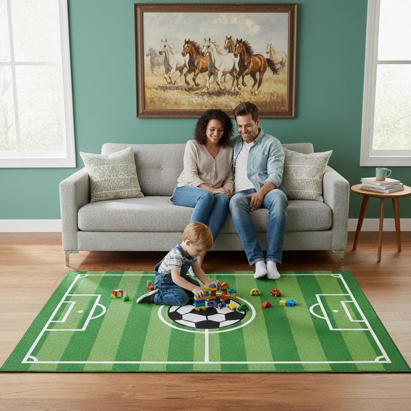 Furnish My Place Play Area Rug for Kids Playroom, Bathroom & Kindergarten Classroom | Nylon | Anti Skid Rubber Backing | Soccer Field Ground | Strips Rectangle | Green | 3'3"x5'