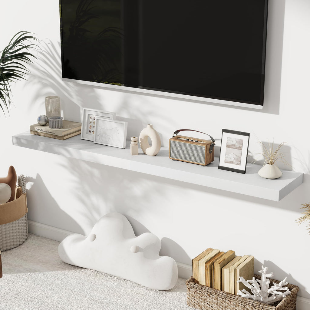 Fun Memories White Floating Shelves for Wall Set of 2, 28" White Floating Shelves for Home Decor, Rustic Wood Wall Mounted Shelf, Hanging Deep Shelf for Living Room, Bedroom, Bathroom, Kitchen